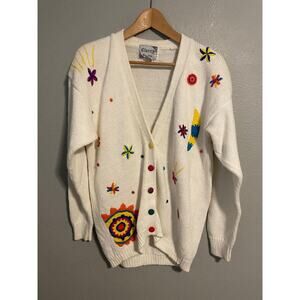 Vintage Clarity Creation Cardigan Womens Medium White Embroidered Artsy 90s READ